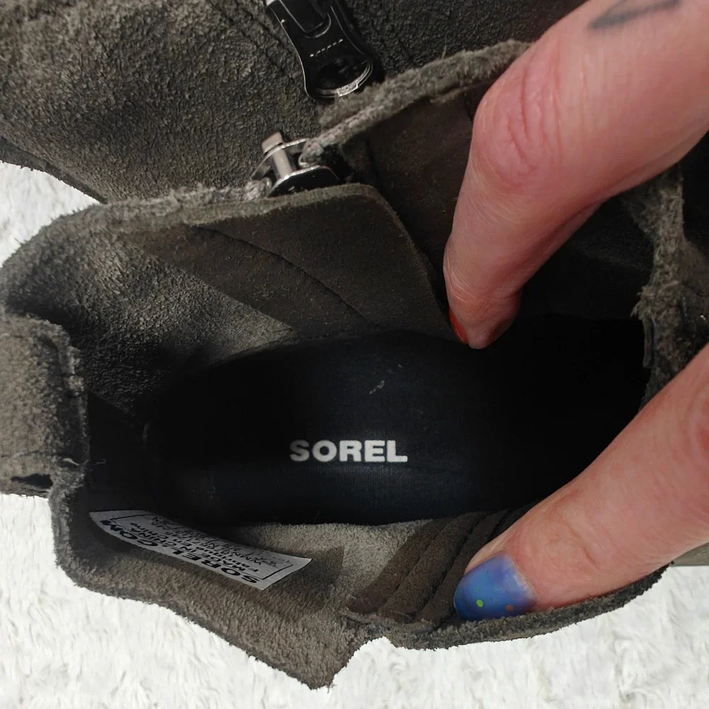 Sorel Evie Bootie Womens 9.5 Gray Suede‎ Leather Chelsea Wedge Goth Alt Office